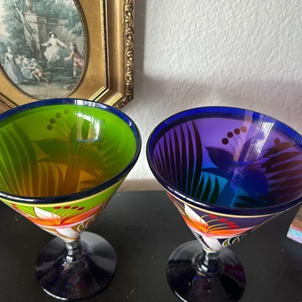 Set of two blue rim margarita cocktail made in Mexico glasses cups